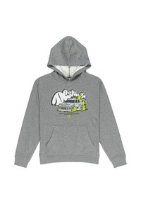 Sivá mikina s prednou kengurskou kapsou, kapucňou na stiahnutie a farebnou grafikou auta s tučnými nápismi. Mäkký vnútorný fleece.