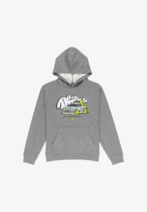 Grauer Hoodie mit einer Vorderseite in Kängurutaschenform, einer Kapuze mit Schnürzug und einem bunten Grafikdesign eines Autos mit fettem Text. Weiches, fleecelining Innenfutter.