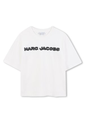 White cotton t-shirt with short sleeves, featuring the embroidered text "MARC JACOBS" in bold, black letters across the chest.