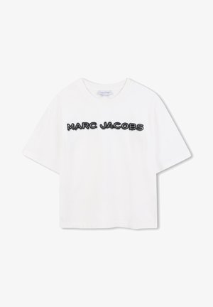 White cotton t-shirt with short sleeves, featuring the embroidered text "MARC JACOBS" in bold, black letters across the chest.