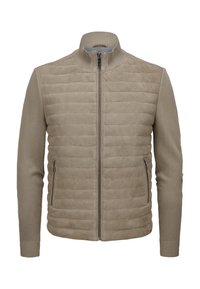 Beige gesteppte Jacke mit geripptem Kragen und Ärmeln. Verfügt über zwei seitliche Reißverschlusstaschen und eine glatte Textur.