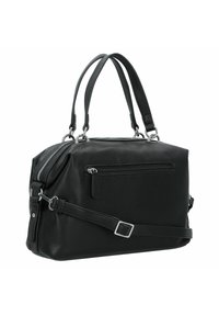 Borsa a tracolla in pelle nera con finitura texturizzata, doppie maniglie, tracolla regolabile, accessori in argento e tasca esterna con zip.