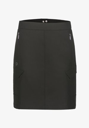 Zwarte rok met twee voorzakken met rits, gladde textuur, een fitted taille en contrasterende stikdetails. Gemaakt van een flexibel materiaal.