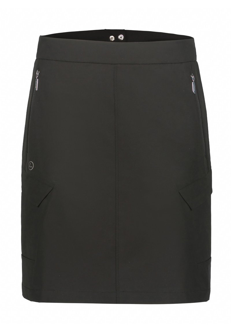 Falda negra con dos bolsillos frontales con cremallera, textura suave, cintura ajustada y detalle de costura en contraste. Fabricada con un material flexible.