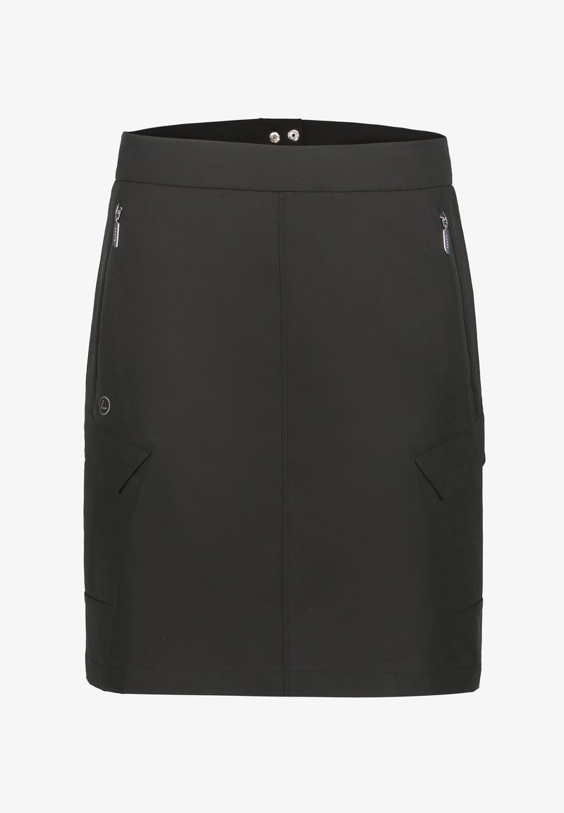 Zwarte rok met twee voorzakken met rits, gladde textuur, een fitted taille en contrasterende stikdetails. Gemaakt van een flexibel materiaal.