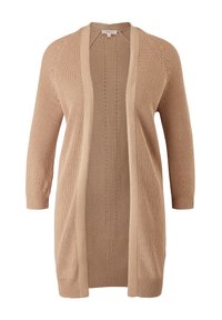 Beige stickad cardigan med öppen framsidan, ribbat mönster, långa ärmar och subtila detaljer på kragen och kroppen.