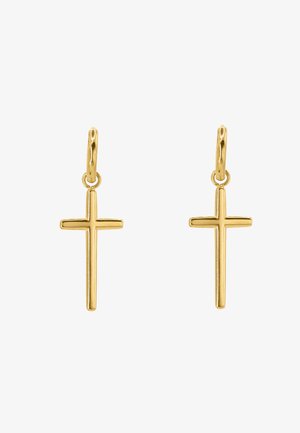 Boucles d'oreilles en croix dorées avec une finition lisse et une boucle suspendue, présentant un design simple et allongé. Chaque croix est de taille uniforme.