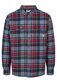 Röd, marinblå och grå rutmönstrad skjorta i flanell. Knappstängning med krage, två bröstfickor och en liten logotyp på vänster ficka.