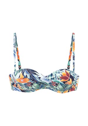 Floral-print bikini top with green, orange, and blue tropical leaves and flowers, featuring thin adjustable shoulder straps.