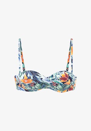 Bikini-Oberteil mit floralem Muster und grünen, orangefarbenen und blauen tropischen Blättern und Blumen, mit dünnen verstellbaren Schulterträgern.