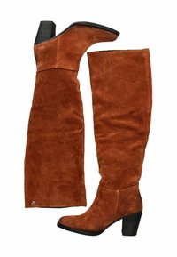 Braune Wildleder-Kniehohe Stiefel mit einem kräftigen schwarzen Absatz, ausgestattet mit einem taillierten Oberteil und einer glatten Textur, die einen subtilen Glanz zeigt.