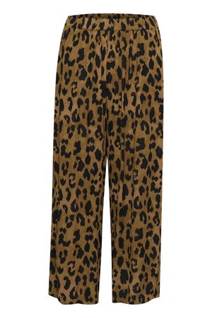 Pantalons en tissu à imprimé léopard avec des jambes larges en marron, ornés de taches noires, dotés d'une taille élastique et d'une coupe décontractée pour le confort.