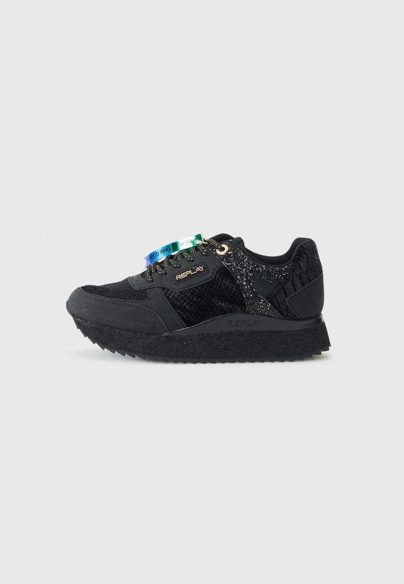 Baskets noires Replay avec panneaux texturés et pailletés, semelle épaisse et étiquettes de marque multicolores sur lacets noirs, logo latéral visible.