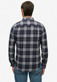 Blauw-wit geruit overhemd, knoopsluiting, lange mouwen, gebogen zoom, gemaakt van katoen, zichtbare naadstiksels en achterpasdetail.