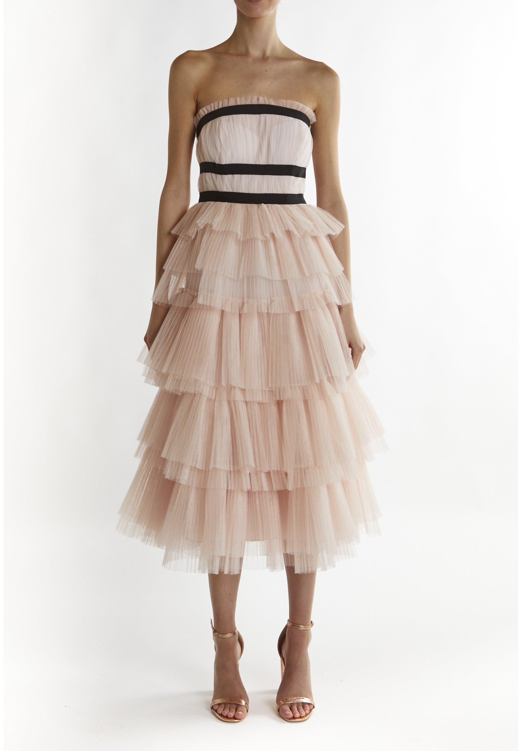 strapless open back dress Obsidian Strapless Structured Bandeau Dress in Four-Way Stretch Fabric   fbrq.com