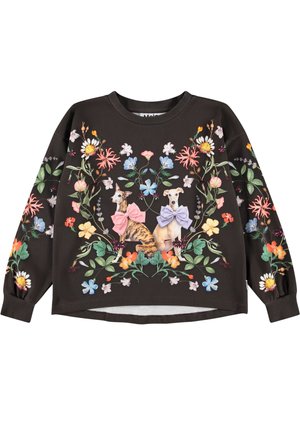 Zwarte sweatshirt met kleurrijke bloemenpatronen en twee honden met roze en lavendelstrikken die in tegengestelde richtingen kijken.