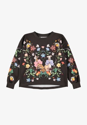 Sweat-shirt noir avec des motifs floraux colorés et deux chiens portant des nœuds roses et lavande regardant dans des directions opposées.