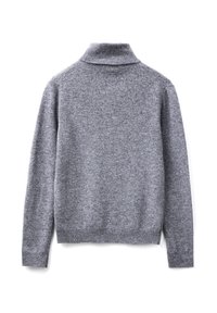 Maglione grigio a manica lunga, lavorato a maglia, con colletto alto, polsini e orlo a costine, mostrato da dietro su uno sfondo bianco.