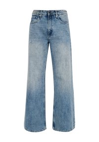 Světle modré široké džíny vyrobené z denimu, s vysokým pasem, vybledlým vzhledem a mírným poškozením látky. Klasický design s pěti kapsami.