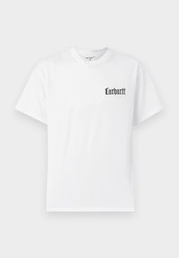 White cotton T-shirt with short sleeves, featuring a black "Carhartt" logo on the left chest area in a stylized font.