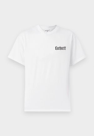 White cotton T-shirt with short sleeves, featuring a black "Carhartt" logo on the left chest area in a stylized font.