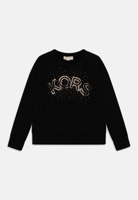 Svart sweatshirt med rund halsringning, prydd med en "KORS"-logotyp i guldtext omgiven av små gyllene prickar, långa ärmar och ribbade muddar.
