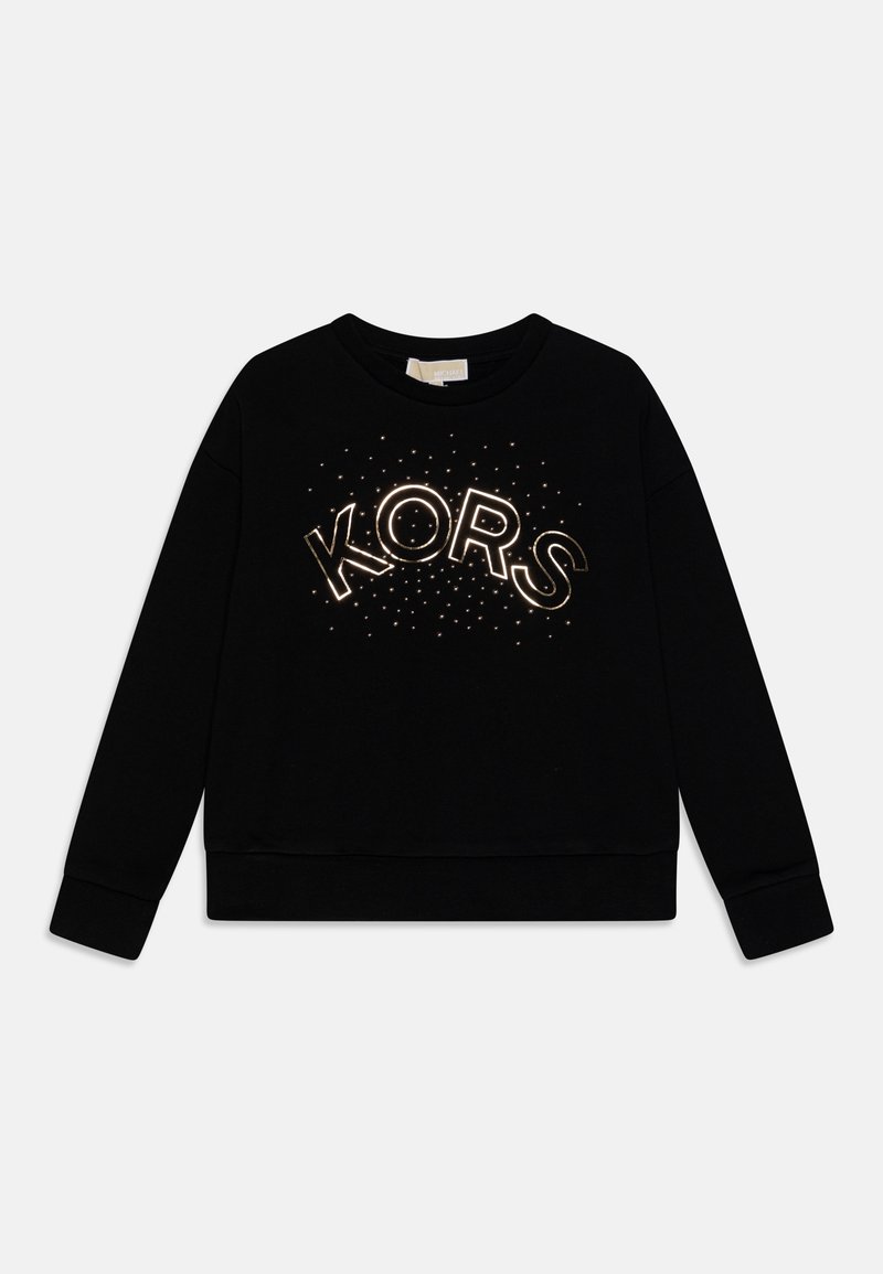 Svart sweatshirt med rund halsringning, prydd med en "KORS"-logotyp i guldtext omgiven av små gyllene prickar, långa ärmar och ribbade muddar.