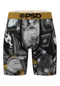Black boxer briefs with gold waistband featuring PSD logo, decorated with images of diamond-studded watches, hundred-dollar bills, and scattered diamonds.