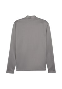 Langarmshirt van een gladde, lichtgrijze stof met een eenvoudig ontwerp en zonder zichtbare versieringen. Achteraanzicht toont een rechte zoom.