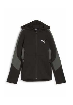 Black zip-up hoodie with gray sleeve accents and Puma logo on the chest, featuring a hood and zippered side pockets.
