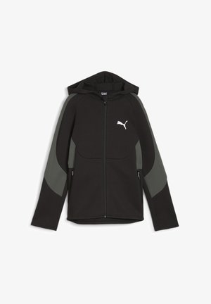 Sort hættejakke med lynlås, grå ærmedetaljer og Puma-logo på brystet, med hætte og lommer med lynlås i siden.