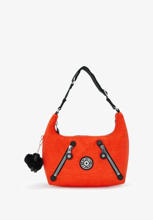 Orange nylon shoulder bag with black accents, zippered pockets, and a round logo. Includes a furry keychain attachment.