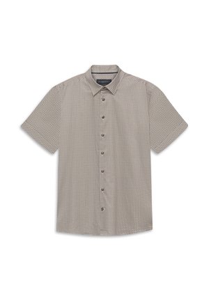 Herren Kurzarm-Button-up-Hemd mit kleinem kreisförmigem geometrischem Muster in Beige- und Dunkelbrauntönen.