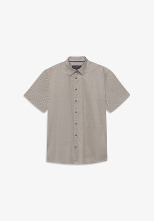 Herren Kurzarm-Button-up-Hemd mit kleinem kreisförmigem geometrischem Muster in Beige- und Dunkelbrauntönen.