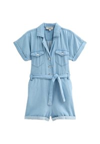 Vaaleansininen farkkurotsi lyhyillä hihoilla, kahdella rintataskulla, napituskiinnitys ja vyöllinen vyötärö. Lyhythihaisissa shortseissa on käännetty helma.