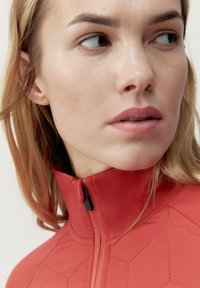 Punainen vetoketjullinen takki, jossa on korkea kaulus, kuusikulmainen vanutustyyli ja tumma vetoketju. Sujuva pinta, tiukka muotoilu, vähäiset yksityiskohdat.