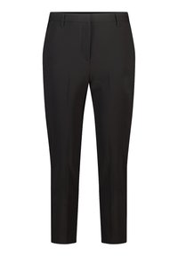 Zwarte, op maat gemaakte broek met een gladde textuur, rechte pijpen en kreuklijn detail. Mid-rise taille met zijzakken.