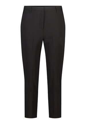 Pantalon noir sur mesure, avec une texture lisse, une coupe droite et des plis marqués. Taille mi-haute avec poches latérales.