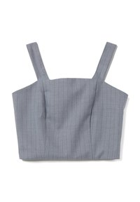 Grauer Cropped-Top mit vertikalen Streifen, ausgestattet mit breiten Trägern und einer strukturierten Form. Hergestellt aus einem glatten, gewebten Stoff.