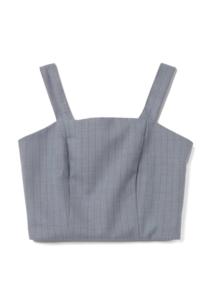Grauer Cropped-Top mit vertikalen Streifen, ausgestattet mit breiten Trägern und einer strukturierten Form. Hergestellt aus einem glatten, gewebten Stoff.