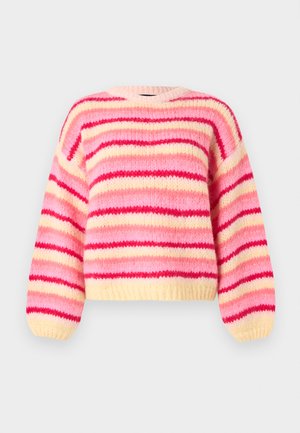 Chunky knit sweater with horizontal stripes in pink, red, and cream, featuring a round neckline and long balloon sleeves.