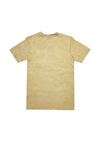 Camiseta de algodón de color amarillo claro y de manga corta. Cuello redondo estándar con una textura suave y detalles de costura mínimos. Vista trasera únicamente.