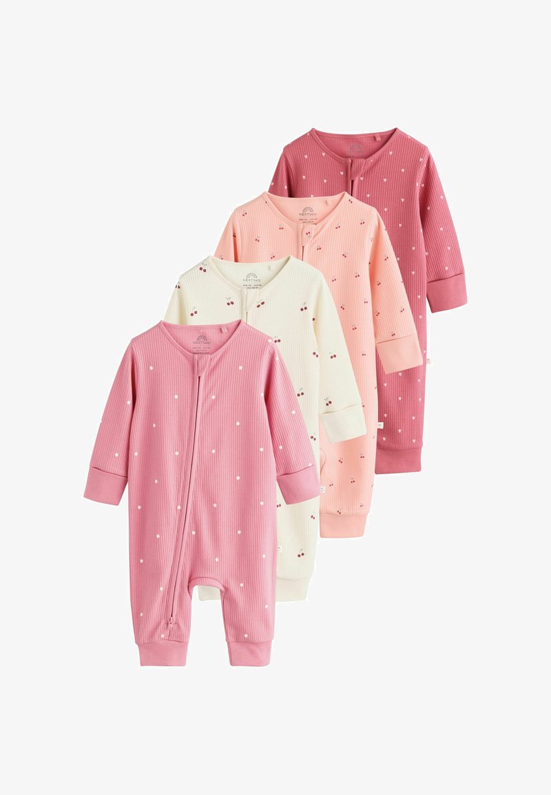 Fyra babyheldräkter med lång ärm och dragkedja i rosa, gräddfärgat, ljusrosa och mörkrosa med små hjärt- och körsbärsmönster.
