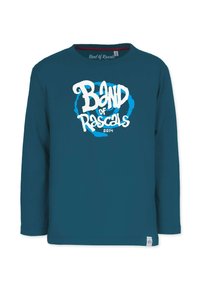 Dunkeltürkises Langarmshirt mit weißem und blauem "Band of Rascals 2014" Grafiktext auf der Vorderseite, Rundhalsausschnitt und kleinem Logostick am Saum.