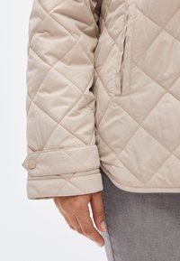 Prešita rjava jakna s manšetami na zaskočni zapiralki, stranskimi žepi in gladko teksturo, kombinirana s sivim materialom v pasu.