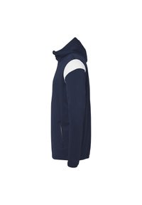 Navy hoodie with a white accent on the shoulder, zippered pockets, and a soft texture; features a high collar and long sleeves.