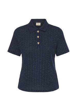 Polo à manches courtes bleu marine, texture côtelée, trois boutons dorés, col doux, coupe décontractée, sans motifs ni ornements.