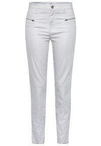 Pantalones blancos de corte slim, hechos de una tela suave, que cuentan con dos bolsillos con cremallera y una cinturilla estándar con cierre de botón.