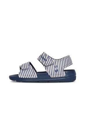 Sandaler med stropper i blå og hvide striber, velcro-lukninger, en polstret sål og et rundt tådesign. Gummisål for bedre greb.