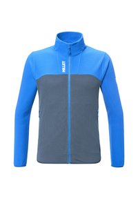 Veste pour homme avec une fermeture éclair complète, un col montant, une partie supérieure bleue et une partie inférieure grise. Tissu texturé avec poches avant et logo.